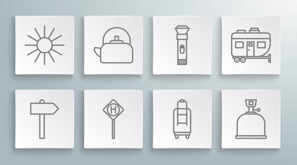 设置线道路交通路标，有把手的水壶，停车场，手提箱，野营煤气炉，手电筒，房车拖车和太阳图标。向量图片下载