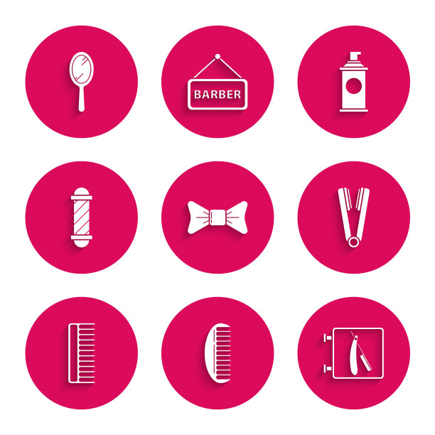 设置蝴蝶结，发刷，理发店剃须刀，卷发铁，经典杆，剃须凝胶泡沫和手镜图标。向量图片下载