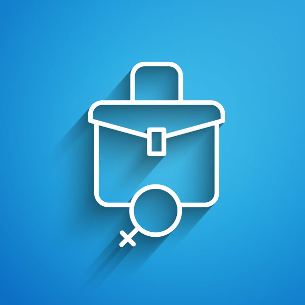 白色线工作的女性图标孤立在蓝色背景。商业女性的工作。长长的阴影。向量图片下载