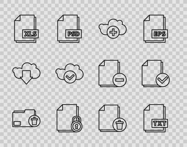 设置行删除文件夹，TXT文件文档，添加云，文档和锁，XLS，带复选标记的云，图标。向量图片下载