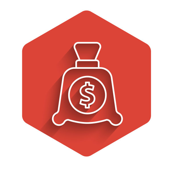 白线钱袋图标孤立与长影子。美元或美元符号。现金银行货币符号。红色的六角按钮。向量图片下载