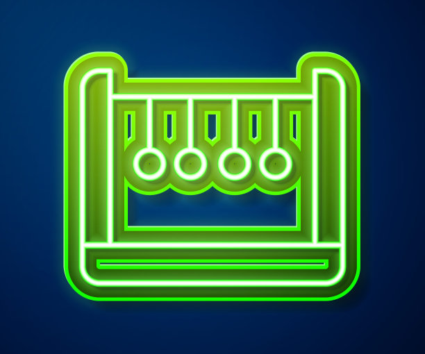 发光的霓虹灯线摆图标孤立在蓝色的背景。牛顿的摇篮。向量图片下载