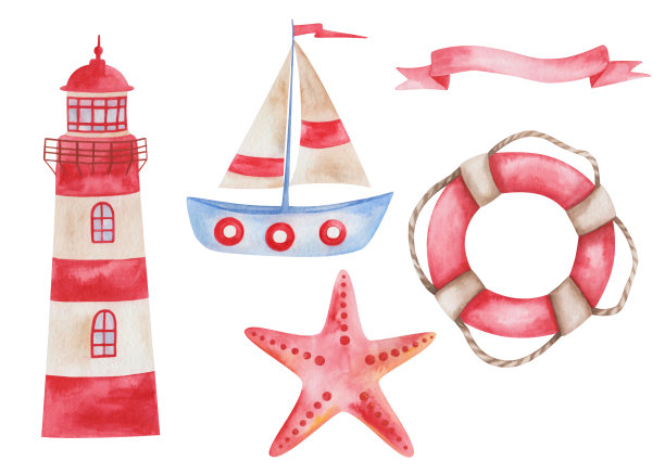 手绘的水彩插图红色灯塔灯塔，船，船，船为海，海星，彩带旗帜，救生圈。海洋剪贴艺术的元素集面料纺织品，夏季卡图片下载