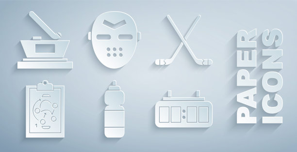 设置健身摇壶，冰球棍，规划策略，冰球机械计分板，面具和杯冠军图标。向量图片下载