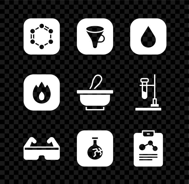 设置苯环配方，漏斗过滤器，水滴，安全眼镜，破裂烧瓶，化学报告，火焰和研钵和杵的图标。向量图片下载