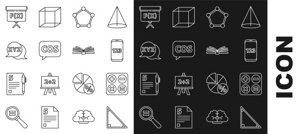 设置线日历，平方根，书与字数学，几何图形球体，平板计算器，计算器，立方体和移动界面图标。向量图片下载