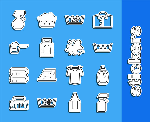 设置线水喷雾瓶，清洗剂瓶，温度洗涤，洗衣粉，洗衣粉，和溢出图标。向量图片下载