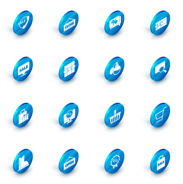 设置悬挂标志与关闭，折扣百分比标签，礼品盒，销售，搜索浏览器窗口和香水图标。向量图片下载