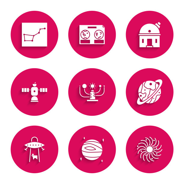 设置太阳系、金星、黑洞、土星、不明飞行物诱拐牛、卫星、天文台和大熊星座的图标。向量图片下载