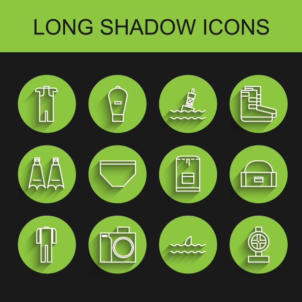 集线潜水潜水服，摄影相机潜水员，鱼翅海浪，工业金属管道和阀门，泳裤，箱子容器摆动和背包图标。向量图片下载