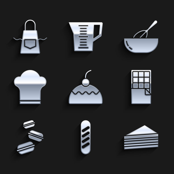 套装蛋糕，法国法棍面包，巧克力棒，马卡龙饼干，厨师帽，厨房搅拌器，碗和围裙图标。向量图片下载