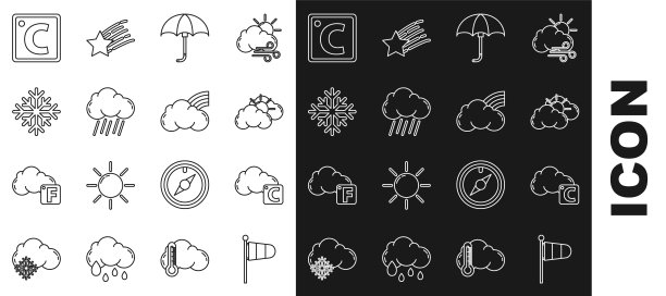 设线锥气象风向袋风向标，摄氏和云，太阳天气，古典优雅的打开伞，云与雨，雪花，和彩虹云的图标。向量图片下载