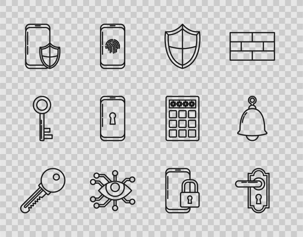设置线路键，门把手，屏蔽，眼睛扫描，带安全屏蔽的智能手机，锁，关闭挂锁和铃声图标。向量图片下载