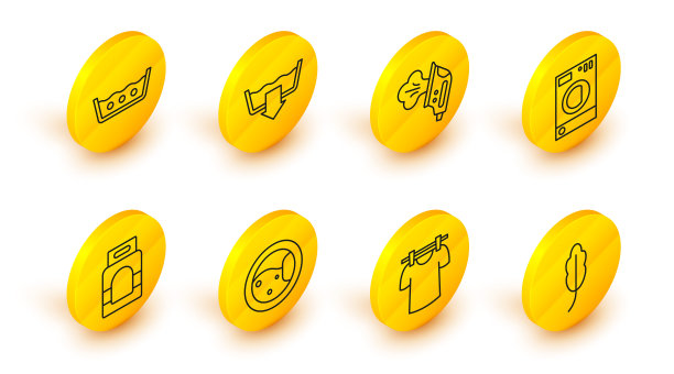 设置线羽毛，烘干衣服，洗衣机，洗衣粉，电熨斗，洗涤模式和温度洗涤图标。向量图片下载