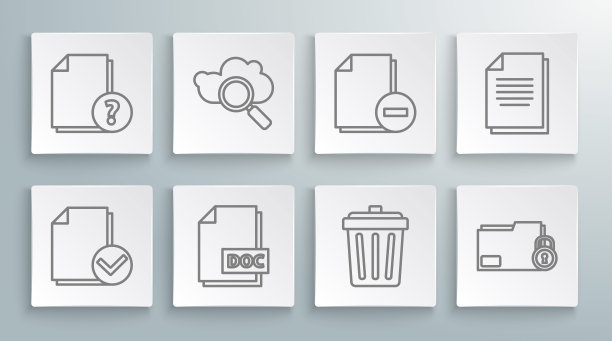 设置行文档和勾选标记，搜索云计算，DOC文件文档，垃圾桶，文件夹锁定，带减号，未知图标。向量图片下载