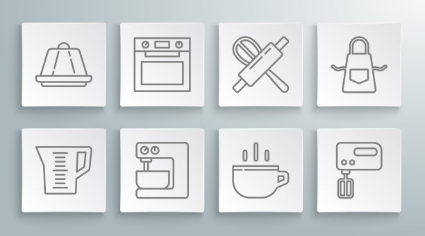 测量杯，烤箱，电动搅拌机，咖啡，厨房打蛋器和擀面棒，围裙和布丁奶油蛋羹图标。向量图片下载