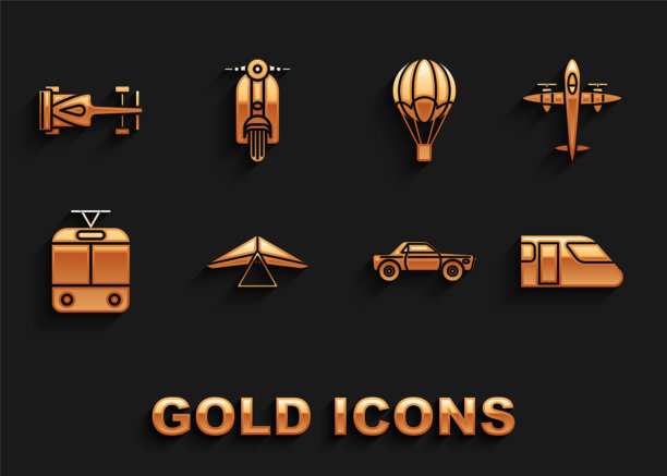 Set Hang glider, Old retro vintage plane, Train, Sedan car, Tram and railway, Hot air balloon, Formula race and Scooter图标。向量图片下载