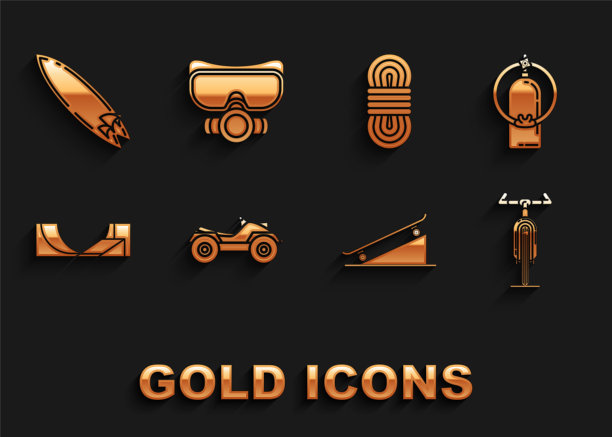 设置全地形车辆或ATV摩托车，水轮，自行车，滑板街坡道，公园，攀岩绳，冲浪板和潜水面具图标。向量图片下载