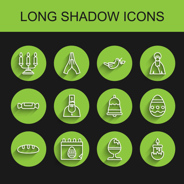 Set line Bread loaf, Calendar with Easter egg, candelabum烛台烛台，鸡在站，燃烧，牧师，和响铃图标。向量图片下载