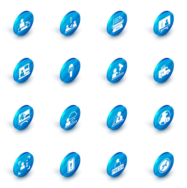 设置采访，复古打字机，电视报道，世界新闻，突发事件，麦克风，电视新闻车和犯罪图标。向量图片下载