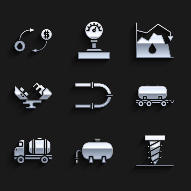 设置工业管道、石油工业厂房、旋转钻孔、铁路水箱、油罐车、油轮失事船、原油降价及交易图标。向量图片下载