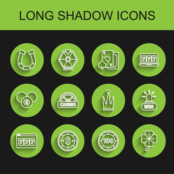 设置线在线老虎机与幸运7头奖，赌场筹码美元，马蹄，筹码，四叶草，招牌，赢和皇冠图标。向量图片下载