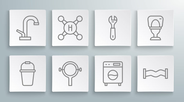 桶子、水龙头、过滤器扳手、垫圈、工业金属管、扳手扳手、马桶及图标。向量图片下载