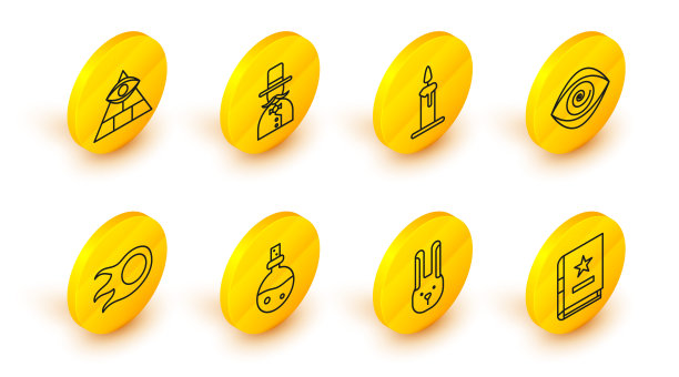 Set line古代魔法书，兔子与耳朵，瓶子爱情药水，火球，催眠，燃烧蜡烛在烛台，魔术师和梅森的图标。向量图片下载