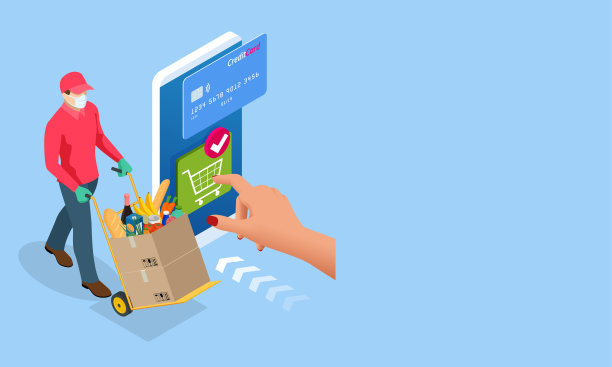等距杂货店，网上市场，送货上门。网上购物。坐在家里通过智能手机购买新鲜蔬菜、水果、牛奶、面包、香肠。图片下载