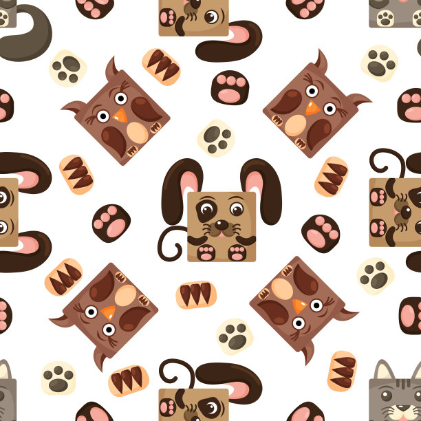 狗，猫，猫头鹰无缝矢量模式。方形的狗，猫，猫头鹰作为背景。矢量图图片下载