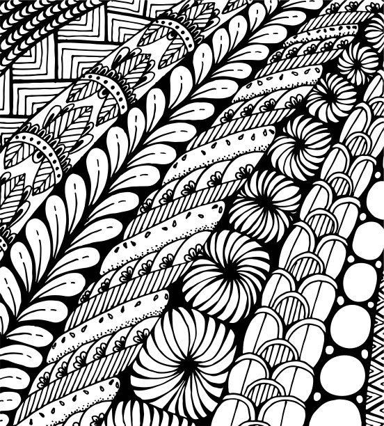 抽象线条艺术背景。各种各样图案的抗应力zentangle图片。手绘矢量泽纳特涂鸦插图。图形黑白素描图片下载
