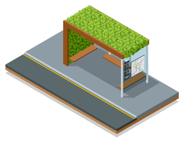 城市生态公园的屋顶上有草坪的等距现代公交车站，屋顶上覆盖着绿色的草。图片下载