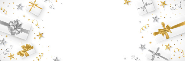 节日的背景。带着金色和银色丝带的礼物。五彩纸屑破裂框架。图片下载