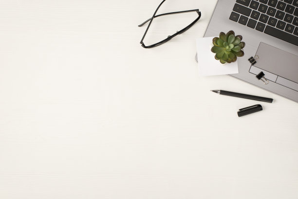 Top view照片的花盆活页夹贴纸笔记纸在笔记本电脑钢笔和眼镜上孤立的白色木制桌子的背景与copyspace图片下载