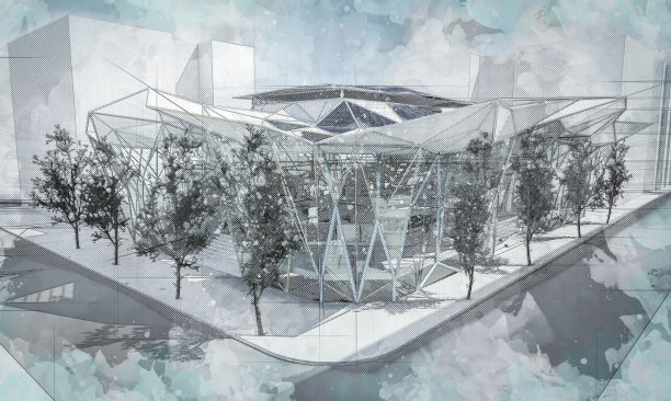 建筑三维数字透视图翻新当代市场与三角形屋顶和透明玻璃立面。图片下载