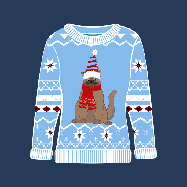 丑陋的圣诞派对毛衣与滑稽的猫印花。图片下载