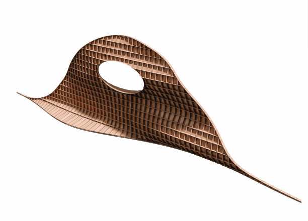 建筑三维数字生成图像有机弯曲木墙与椭圆孔和肋骨结构。图片下载