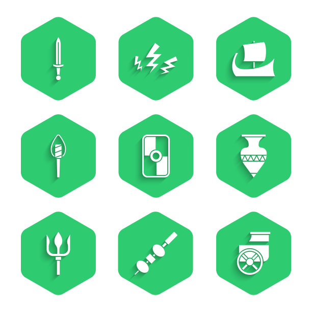 设置希腊盾，橄榄和奶酪在筷子上，古代战车，双耳罐，海王星三叉戟，火炬火焰，铁甲和中世纪剑的图标。向量图片下载