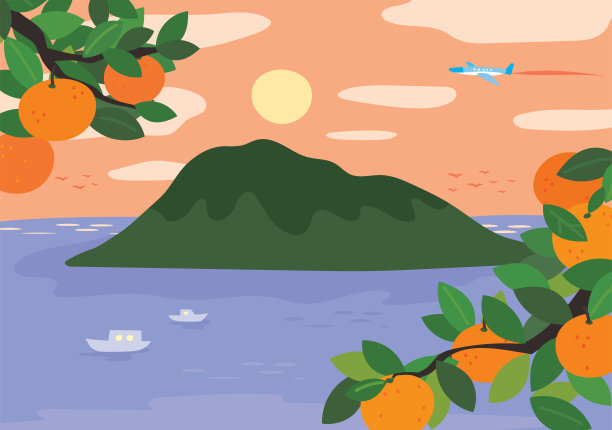 手绘的济州岛风景插图。和柑橘树。图片下载