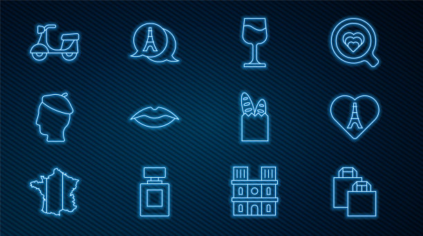 设线纸购物袋，带心的埃菲尔铁塔，葡萄酒杯，微笑的嘴唇，法国男人，Scooter，法棍面包和图标。向量图片下载