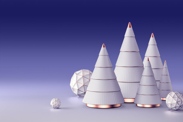 年卡的颜色很时髦很时髦。圣诞树和球。三维演示图片下载