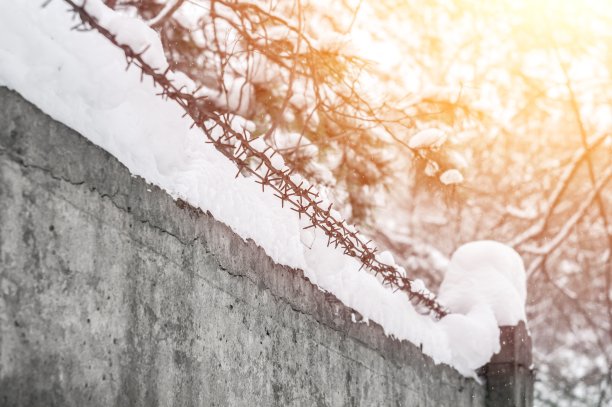 旧的带刺铁丝在混凝土栅栏上大冬天的雪特写。有选择性的重点图片下载