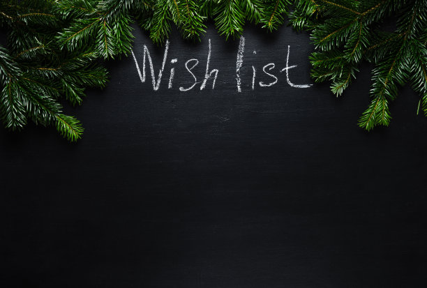 用杉木树枝在粉笔板上手写的圣诞节愿望清单。圣诞节的背景。图片下载