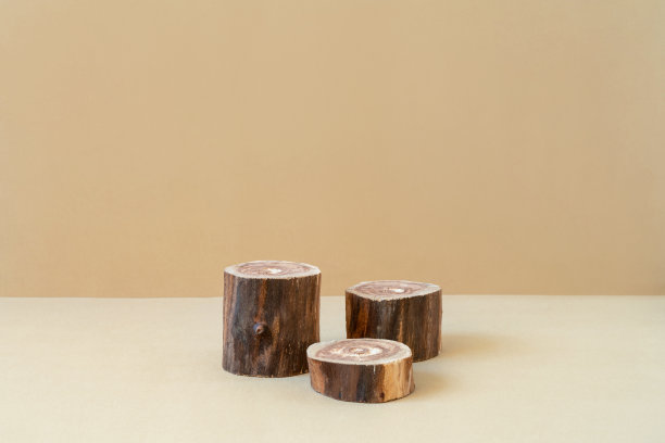 米色背景上三个带有粗糙纹理的木制空讲台，用于产品广告。圆柱形状的显示。中性颜色的自然或生态产品模型。最小侘寂概念图片下载