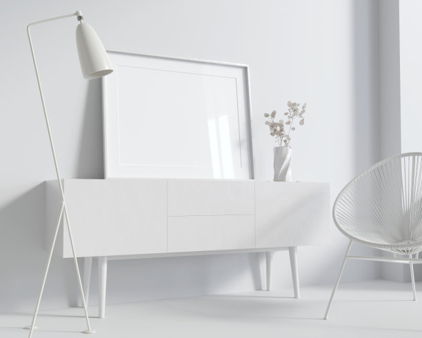 白色房间与图片模型，椅子和灯。3 d渲染。图片下载