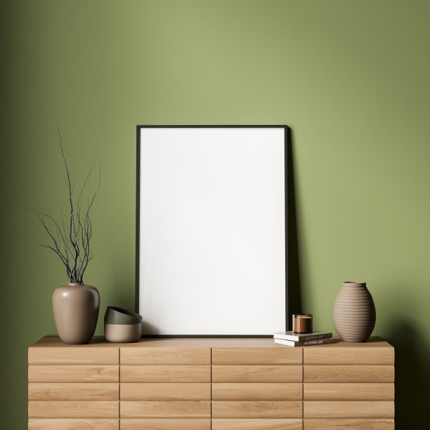 绿色的客厅墙，帆布站在木餐具架上图片下载