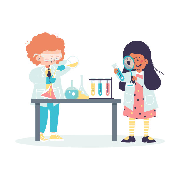 科学实验室的两个孩子在平面载体上进行化学实验图片下载