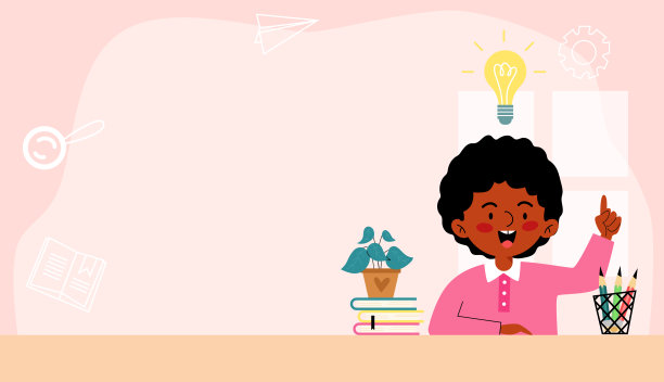 一个学校男孩坐在书桌前，有一个想法与灯泡在头上，矢量插图。图片下载