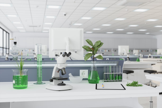 用玻璃烧瓶中的植物叶子空科学实验室。替代医学和天然护肤品的生产与开发理念。图片下载