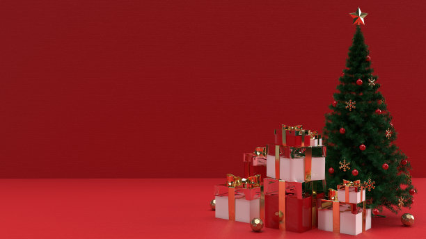 红色的讲台在圣诞节的背景。装饰由圣诞树，礼品盒，丝带。概念场景舞台展示、产品、香水、促销销售、展示。三维渲染图片下载